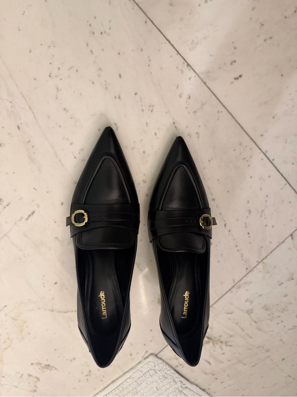 Larroude Black Pointed Toe Loafers with Gold Buckle Accent